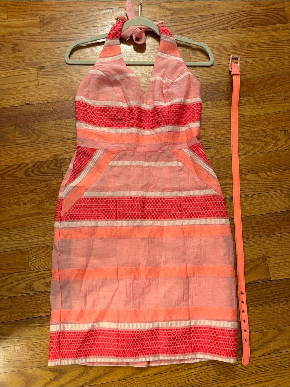 Eva Striped Halter Sheath Dress in Coral and Pink